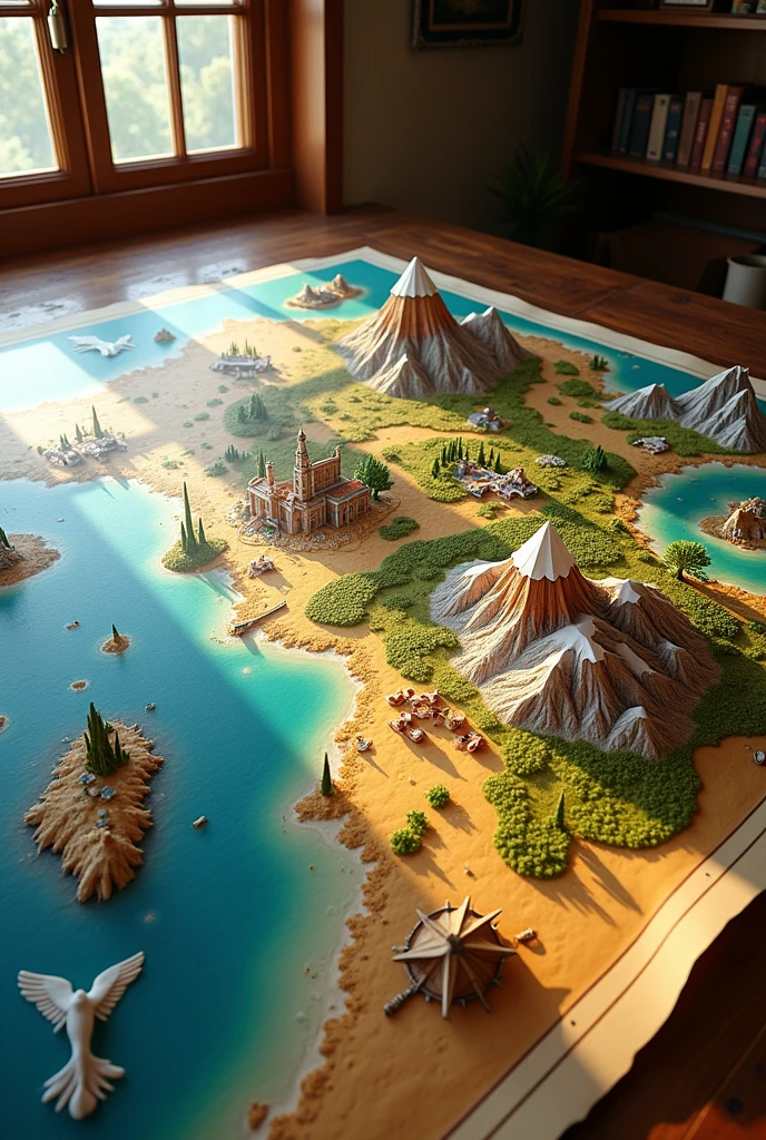 On a table A super large map illustrated with landscapes like deserts, mountains, Mar, a town and city and forests