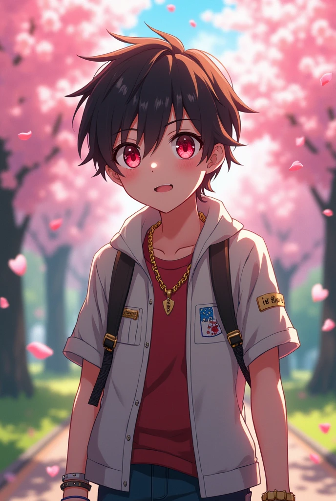 Cute anime boy with a French crop haircut,Red eyes.
