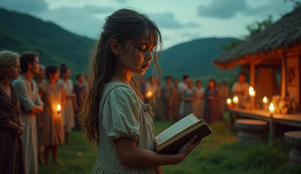 A girl in distress tells her story to the villagers