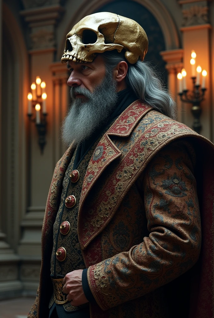 ((Best quality)), ((masterpiece)), (detailed), man with a skull on his head, Skull of the Beast, gray hair, noble attire