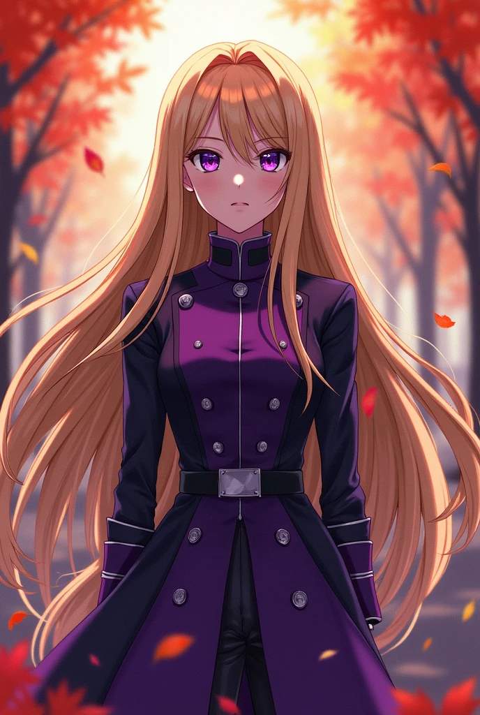 1 girl, teenager, long blonde hair, purple eyes, female military clothing in purple and black, character Esdeath from the anime Akame ga Kill, background with flying leaves