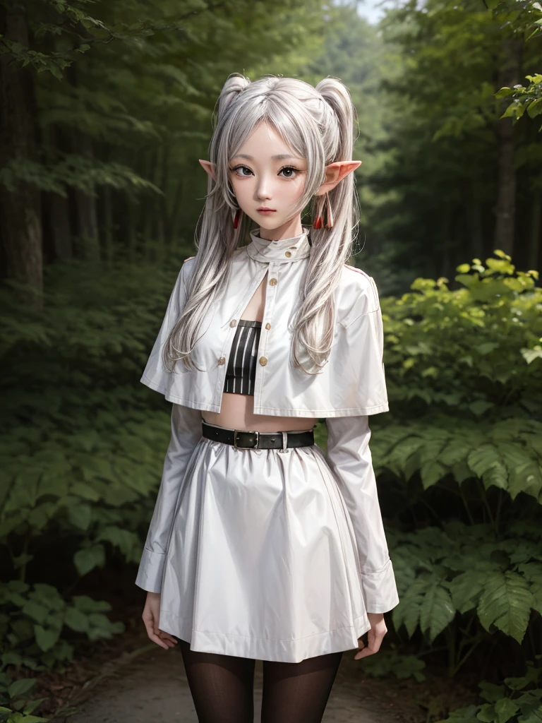 masterpiece, best quality, absurdres, 1girl, solo, FrierenBase, long hair, twintails, earrings, white capelet, striped shirt, horizontal stripes, long sleeves, belt, white skirt, gold-trim, black pantyhose, arms behind back, outdoors, forest,