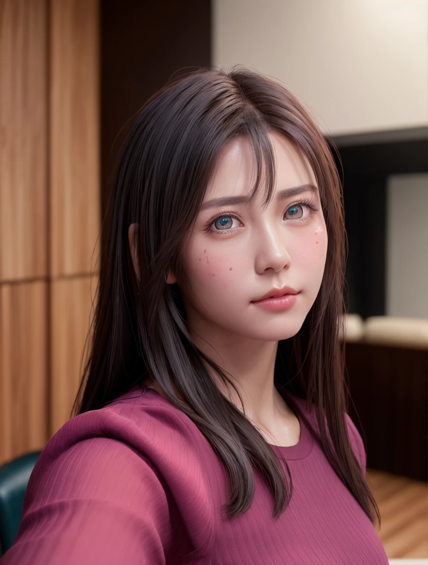 8k, Highest quality, Tabletop, Ultra-high resolution, (realism: 1.4), Original photo, (Realistic skin texture: 1.3), (Film Grain: 1.3), (Selfie angle), 1 person, Pink clothes, Sapphire eyes and beautiful facial details, Tabletop, Highest quality, close, The best quality upper body chin-up