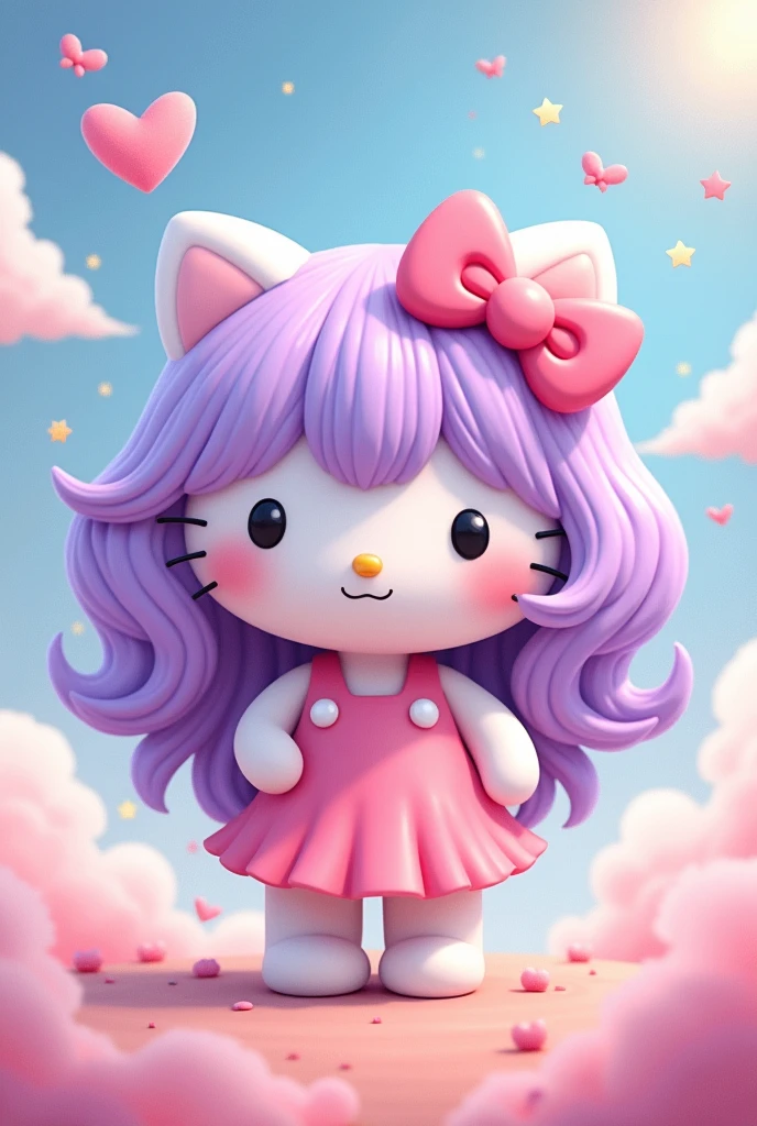 Describe a Hello Kitty with bangs and long CURLY hair with two colors in the hair, pink and purple. 