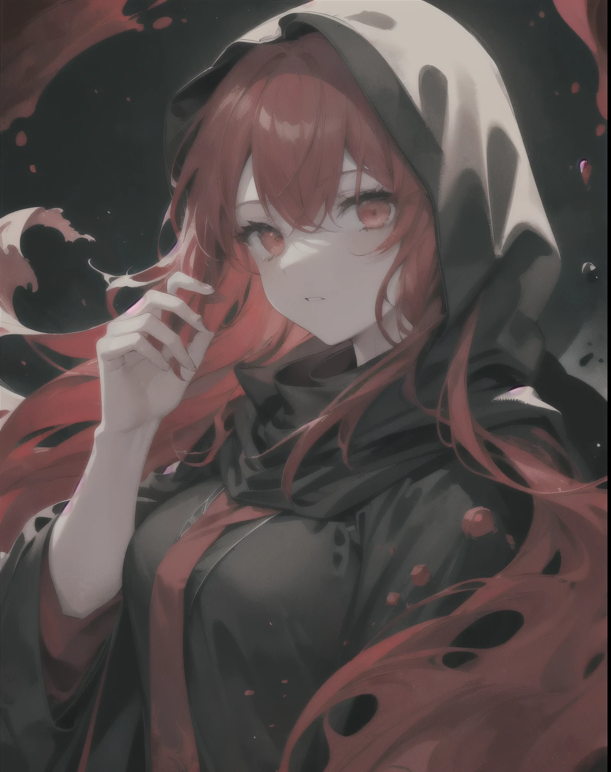 1girl,(red hair)),red eyes,萝,long hair,(loose long hair),((black cloak)),(cape hood),scarf,red moon on the sky,night,floating red flowers falling,upper body,ruins,intense shadows,ash,fire,ice,((Ink wash painting)),((ink splashing)),((color splashing)),
