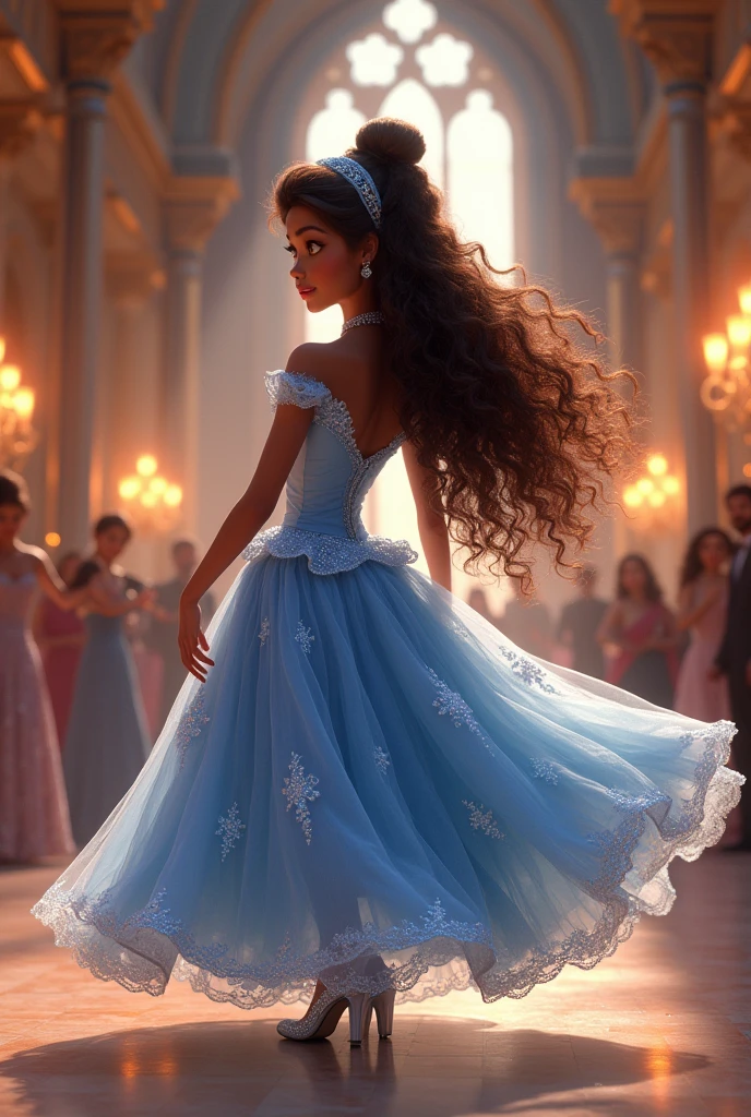 Cinderella, but with glowing brown skin( with highlights in hair)  with curly hair in the Disney Pixar style, Surprise me 