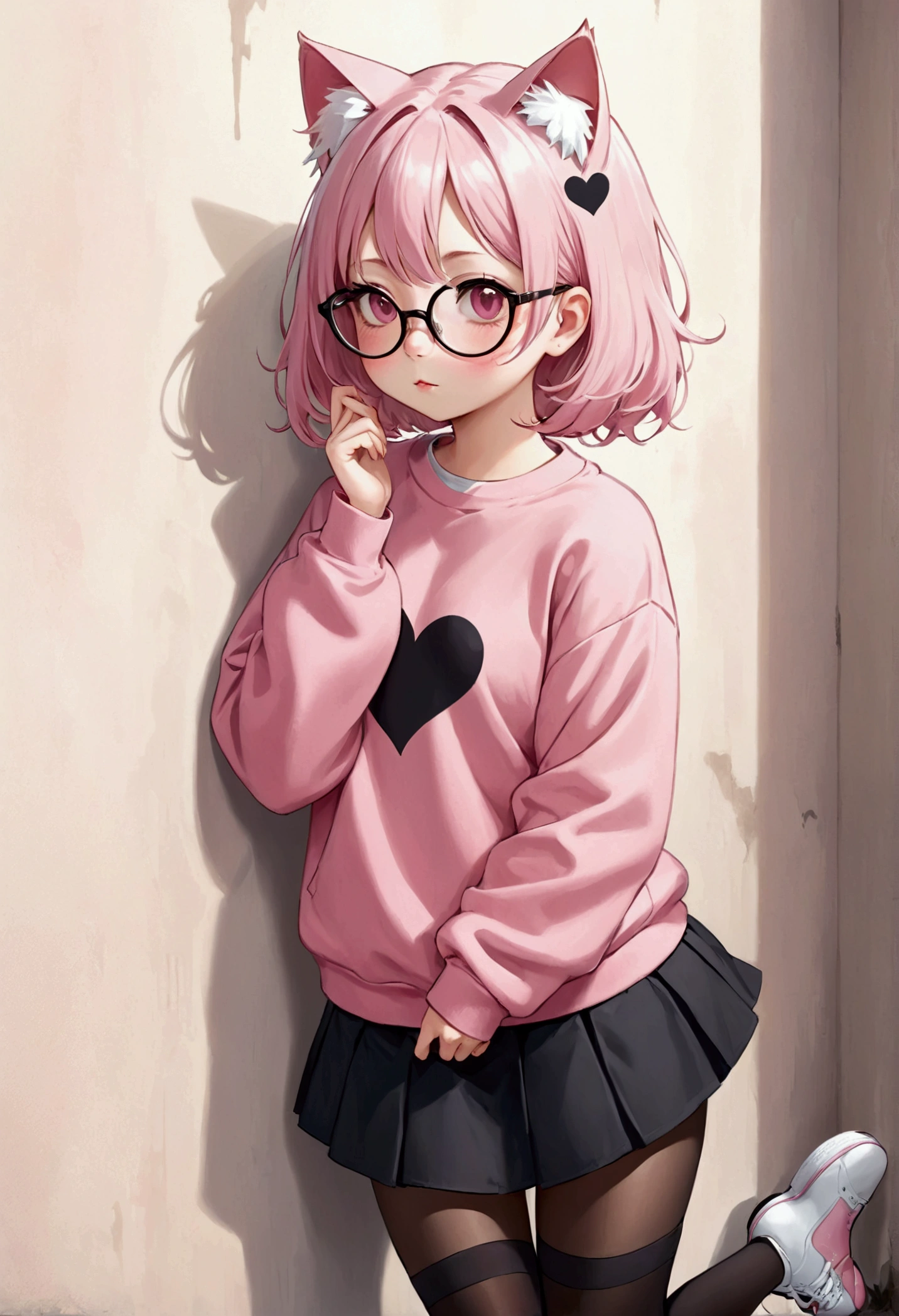 I have white pink hair, cat ears, A good, My face is super flushed, black glasses, pink heart eyes, a big pink sweatshirt, a black skirt, black stockings, White shoes, A cat&#39;cola, A woman. very shy that is stuck to a wall with her butt