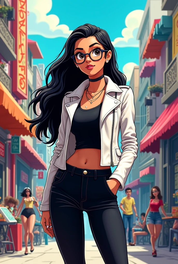 Create a cartoon animation of a 20-year-old woman., 1,65 tall, long black hair, eyes black, wears round glasses, wears black clothes, white leather jacket and full breasts