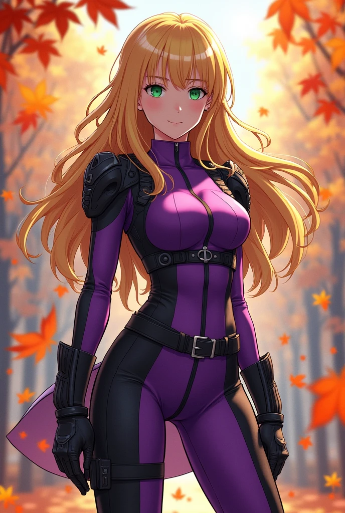 1 girl, teenager, long blonde hair, green eyes, female military clothing in purple and black, traces of the anime Akame ga Kill, background with flying leaves