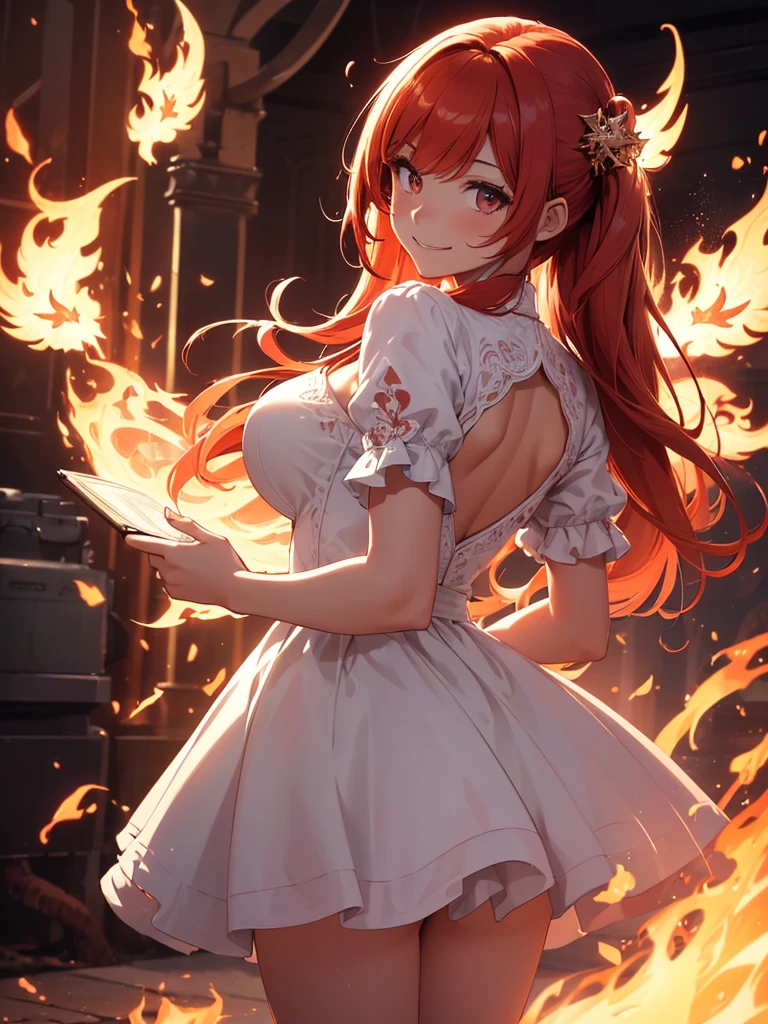 (((best quality, sharp image, clear image, cinematic lighting, 8k resolution, masterpiece, ultra detailed, intricate))) Girl, (((looking over left shoulder))), (shot from behind), ((shot from hip up)), fiery red hair, pigtails, ((white dress)), ((flaming sigils, flaming runes)), spiky rock formations, (flaming lotus flowers frame), (intricate background), ((Phoenix)), (swirling flames), smiling