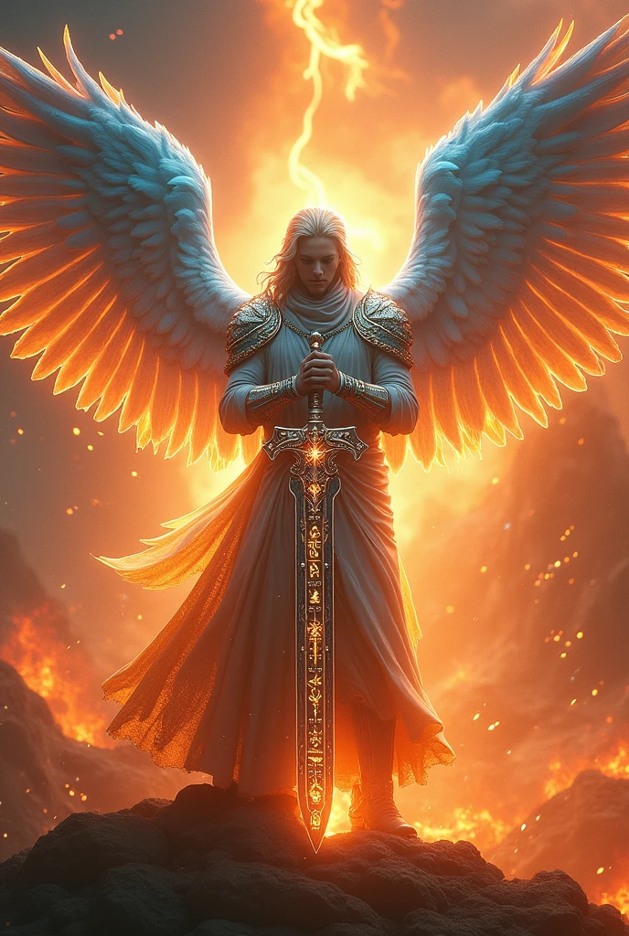 futuristic angel with greatsword in hands and flames around him