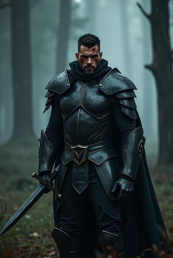 Tall, handsome man in nights armour, he holds an obsidion blade and has short, black hair he has high cheekbones and a sharp jawline, he has no facial hair and he has honeycomb eyes. He has a cut across his eye and he has blood smeared on his face.