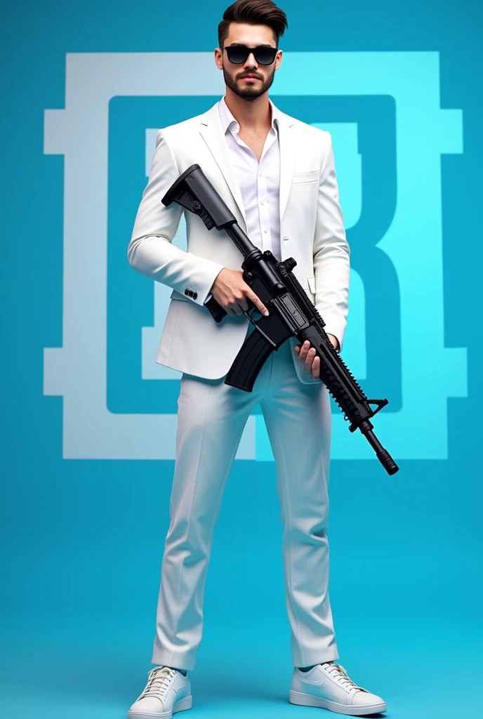 Create an Ai 3d photo of 20 years old with small beard and wearing a white suit and shoe in full eggo and with black glasses and catching a glacier m416 gun in blue background and in background pubg name 