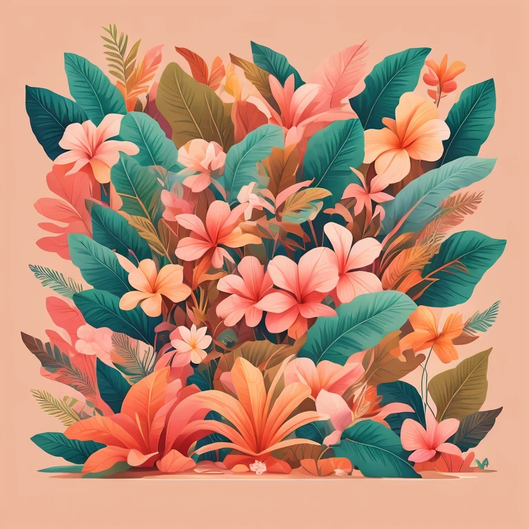 Flora Print,Soft beige,pastel pink,Tropical plants,rzminjourney,vectorial art,Design loops