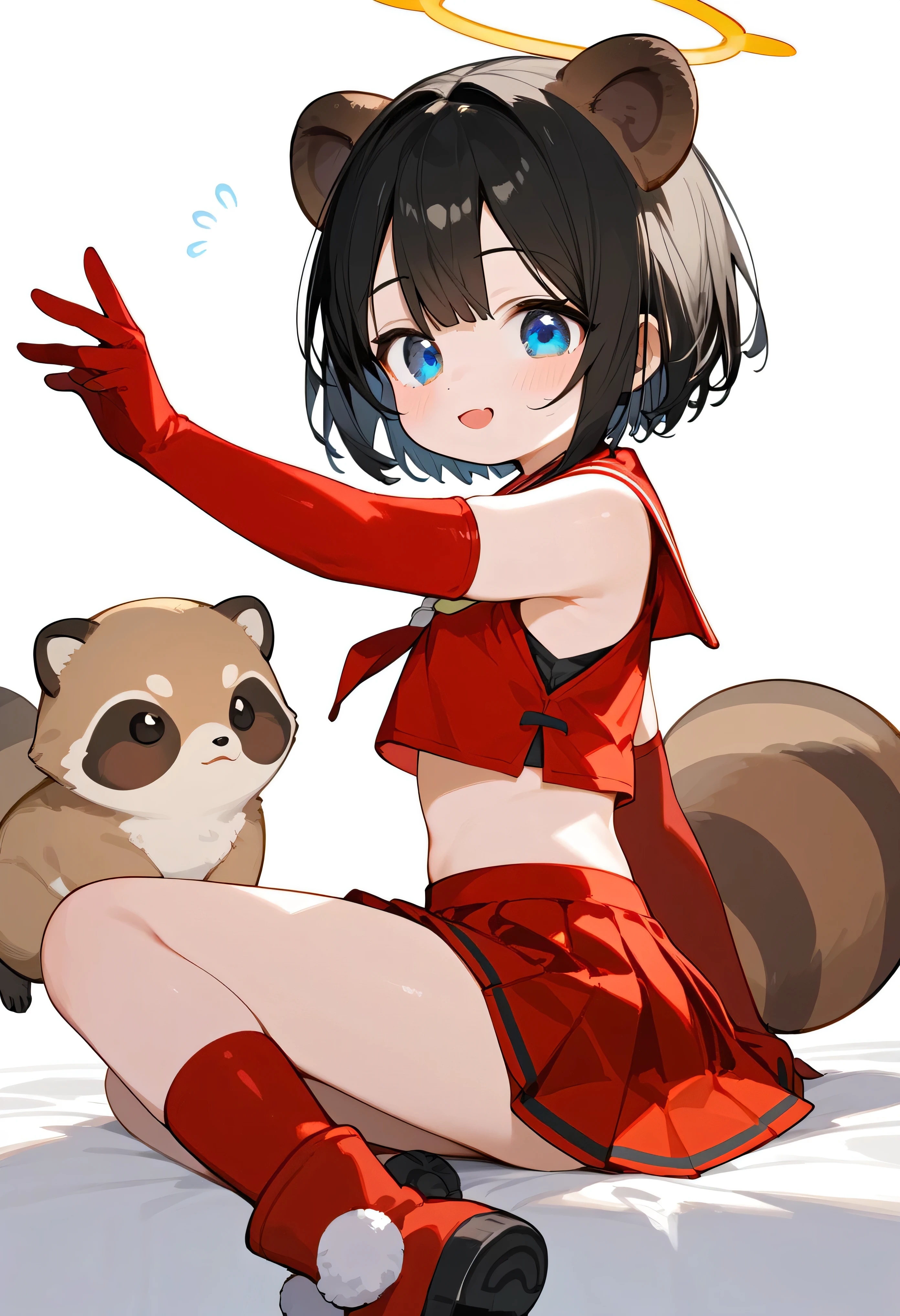 a bit_girl,a bit_body,change_camellia, blue eyes, Black Hair, short hair, Raccoon Ears, Hello, Red Seraphim, Crop top, No sleeve, Side bust, abdomen, Red Skirt, Pleated skirt, geta, Red gloves, Elbow hand pockets, cute, Sitting