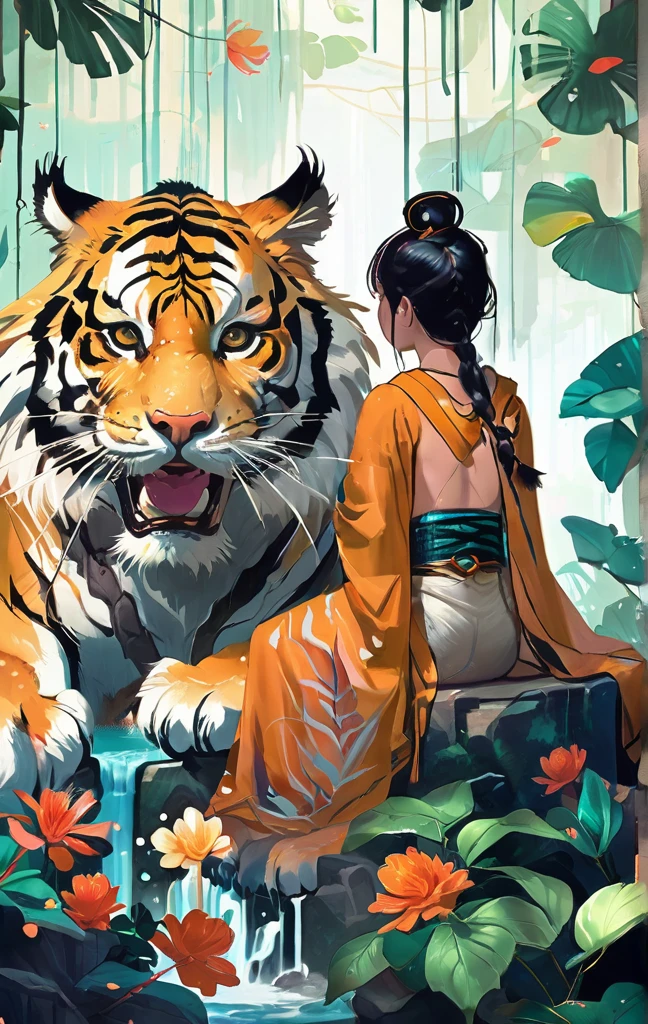 iercings crouches in the jungle with a tiger, 4k highly detailed digital art, beautiful digital artwork, 4k detailed digital art, rossdraws cartoon vibrant, in the style of ross tran, anime style 4 k, alice x. zhang, beautiful avatar pictures, ross tran 8 k, epic digital art illustration, highly detailed digital painting、a cartoon character seated on a throne and next to a tiger looking out 