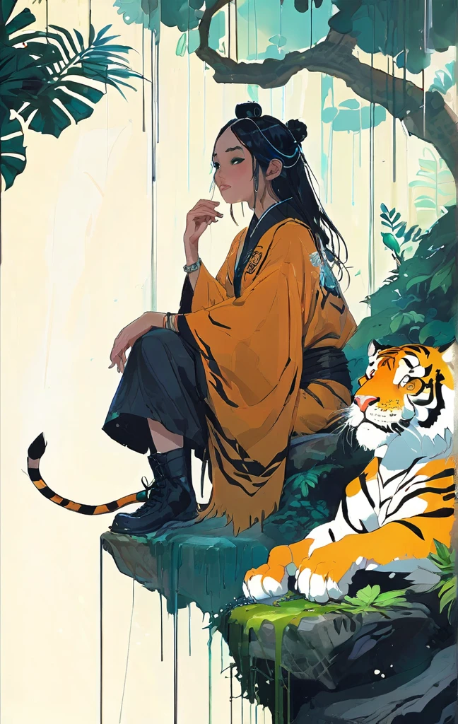 iercings crouches in the jungle with a tiger, 4k highly detailed digital art, beautiful digital artwork, 4k detailed digital art, rossdraws cartoon vibrant, in the style of ross tran, anime style 4 k, alice x. zhang, beautiful avatar pictures, ross tran 8 k, epic digital art illustration, highly detailed digital painting、a cartoon character seated on a throne and next to a tiger looking out 