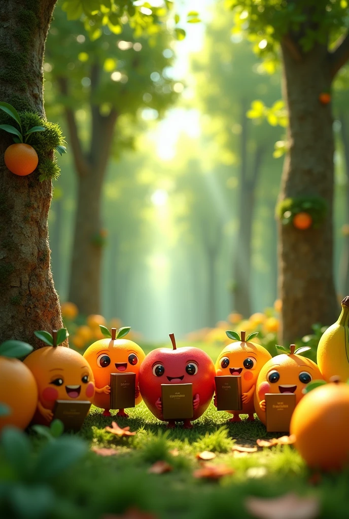 Create a forest background with various 3D fruits with little faces and arms holding Bibles.