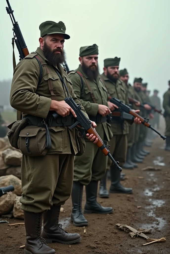 Bearded, stout men with submachine guns and cockades on their heads, belt buckle, soldiers with bullets across their chests and M40 rifles in their hands. Military trousers tucked into boots. Uniform from 1940
