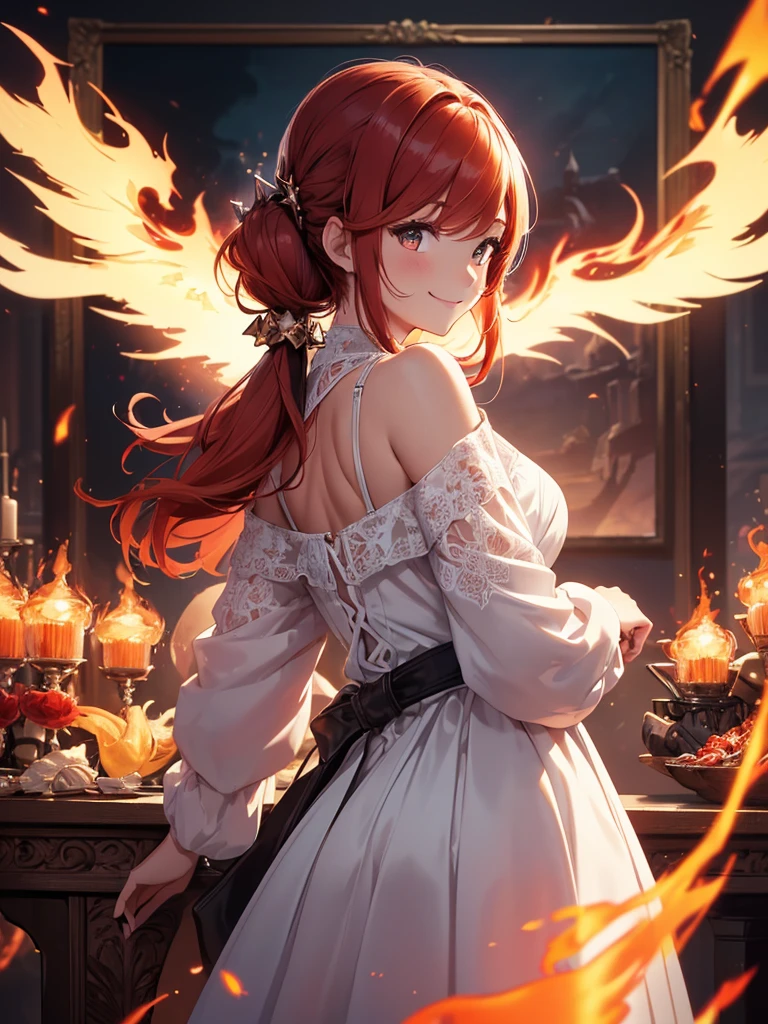 (((best quality, sharp image, clear image, cinematic lighting, 8k resolution, masterpiece, ultra detailed, intricate))) Girl, (((looking over left shoulder))), (shot from behind), ((shot from hip up)), fiery red hair, pigtails, ((white dress)), ((flaming sigils, flaming runes)), spiky rock formations, (flaming lotus flowers frame), (intricate background), ((Phoenix)), (swirling flames), smiling