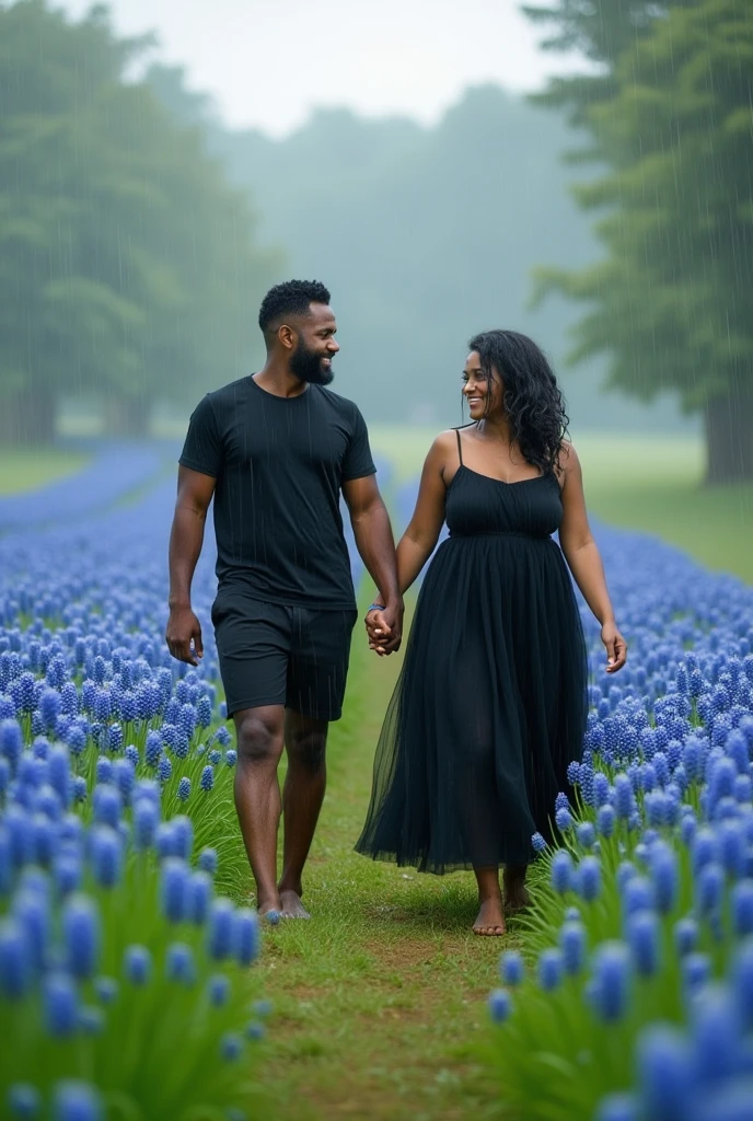 A white man, dark brown eyes, short black modern haircut, black beard, 5 feet 7 inches tall, wearing a white shirt and white pants, holding hands with a white woman, 5 feet 1 inch tall, SHORT BLACK CURLY HAIR, in a black tulle dress, plus size ,barefoot, in the rain, in a field of blue flowers,Magic place, caminhando juntos