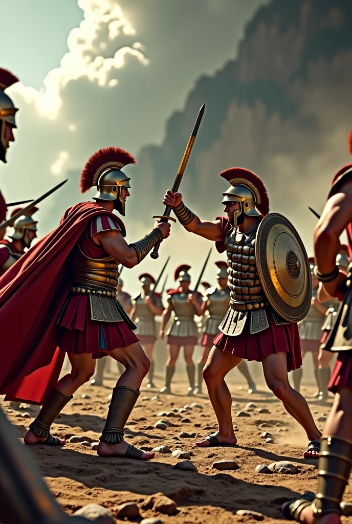 Spartans fighting with swords against each other