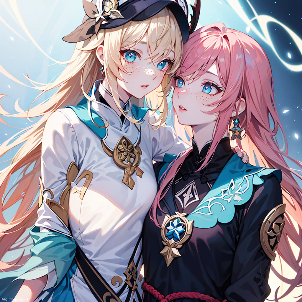 A long-haired, curly pink-haired girl, pale skin, blue eyes, freckles, genshin impact style, beautiful detailed eyes, beautiful detailed lips, extremely detailed eyes and face, long eyelashes, beautiful face, elegant pose, whimsical expression, detailed clothing, fantasy environment, magical, vibrant colors, cinematic lighting, digital painting, highly detailed, 8k, photorealistic, masterpiece, intricate details