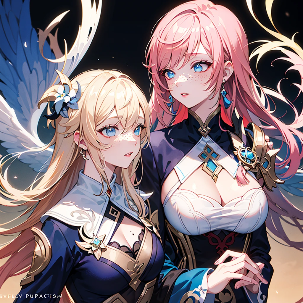 A long-haired, curly pink-haired girl, pale skin, blue eyes, freckles, genshin impact style, beautiful detailed eyes, beautiful detailed lips, extremely detailed eyes and face, long eyelashes, beautiful face, elegant pose, whimsical expression, detailed clothing, fantasy environment, magical, vibrant colors, cinematic lighting, digital painting, highly detailed, 8k, photorealistic, masterpiece, intricate details