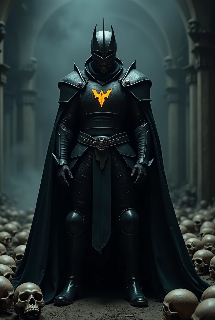1 man, white man, black helmet, villain, evil, glowing black lantern insignia, metal parts, black cape, armor gi, black boots, skulls background, dark fantasy, dystopian, cinematic lighting, dramatic shadows, cinematic composition, highly detailed, hyper-realistic, masterpiece, 8k, photorealistic, chiaroscuro, moody colors, dark tones, dramatic pose