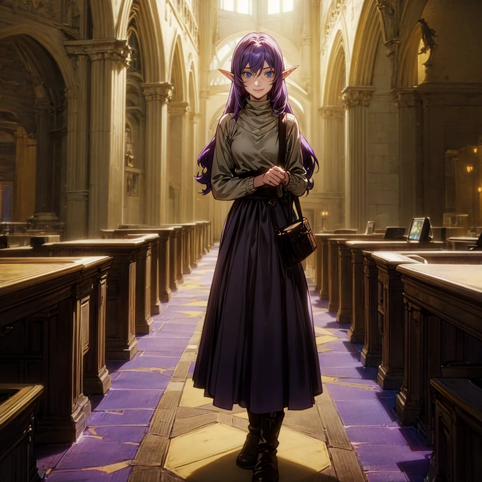 Solo character, full body version, old girl, (elf), blue eyes, purple color hair, long Curly haircut, His hair covered his eyes, brown sweater, black long skirt, boots, indoor, library, Castle, medieval, detailed background, detailed clothing, detailed hair, standing gesture, (Hunter x Hunter style art), smile mouth, bag in hand, medium breast 