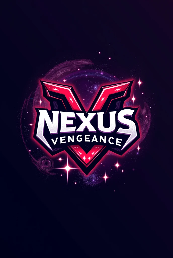 Le logo d'une équipe e-sport dont le nom est Nexus vengeance en rapport avec l' espace  avec du rouge et du violet et du bleu 