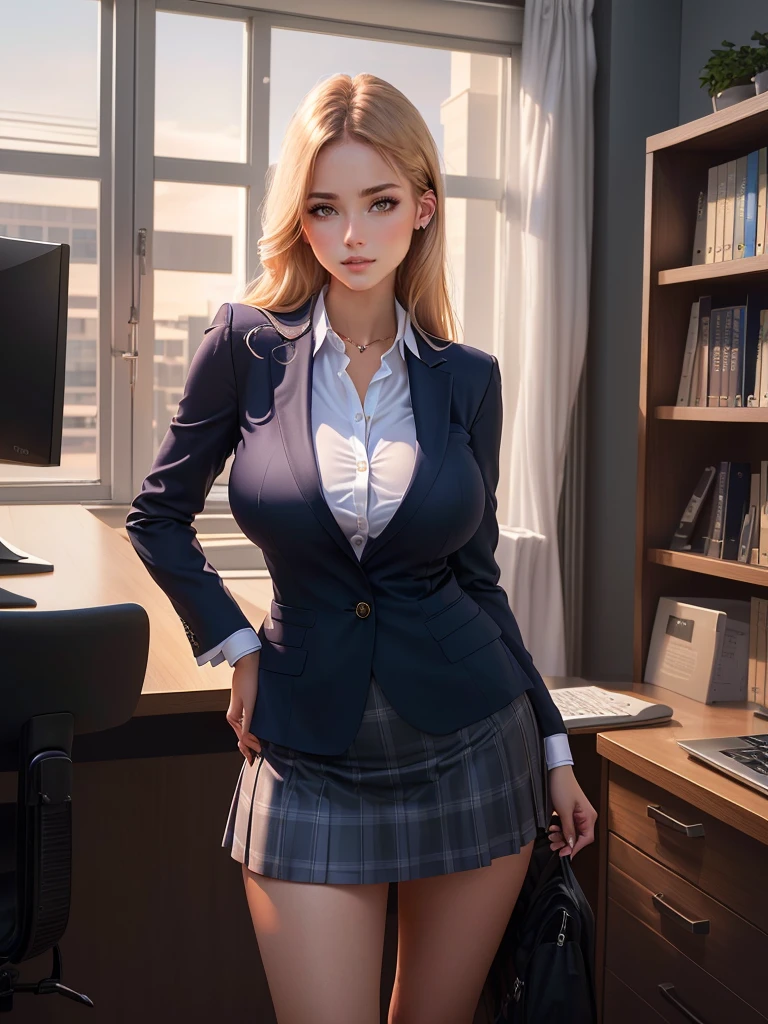 Woman in business suit standing in front of a computer, Realistic schoolgirl, wearing a strict business suit, hyperRealistic schoolgirl, huge breasts bulging out of shirt, micro mini skirt, seductive woman, A hyperrealist , beautiful and seductive woman, in a strict suit, In strict suit, epic and elegant portrait, (SFW) Insurance for work, office clothes