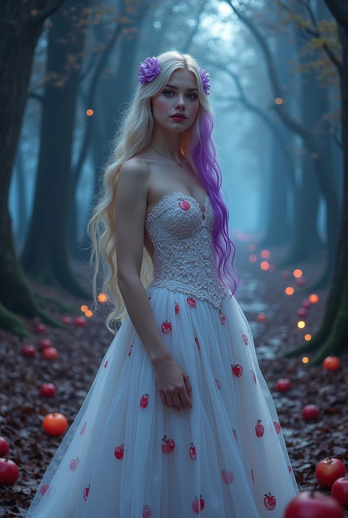 Filha da Raven Queen com a Apple White, blonde curly hair with purple streaks, blue colored eyes, dark purple makeup, white dress with red, headband and apple elements