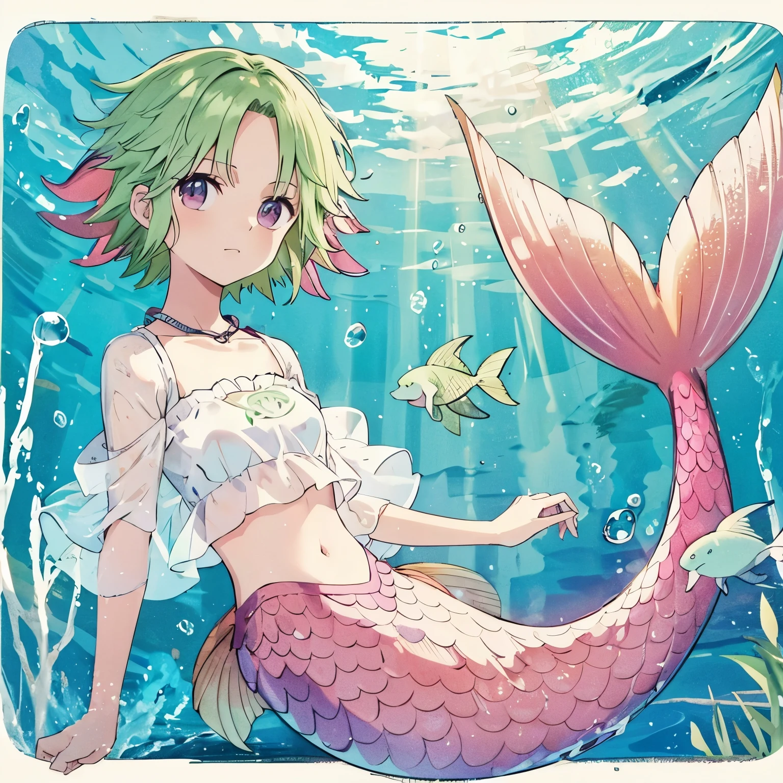 mermaid,camie,short hair,green hair,crop top, raglan sleeves, short sleeves