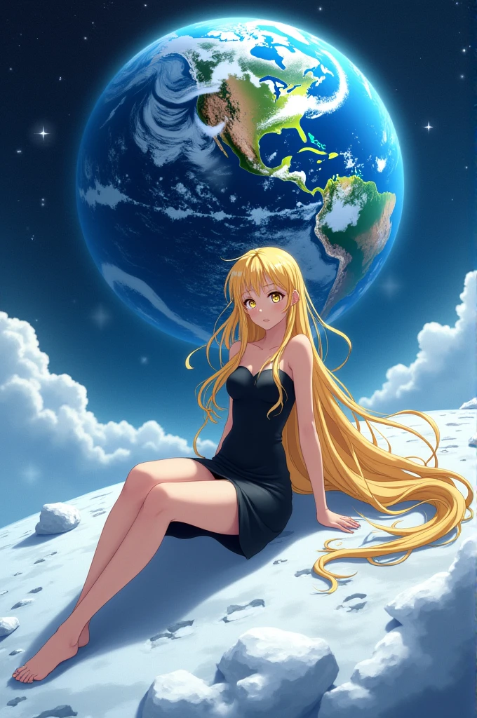 Anime, A tall, slim and beautiful woman. The type of woman who has everything you want, she is the type that makes anyone go crazy for her. The reason is because she is a goddess outside. Yellow hair, yellow eyes, black dress, a little tight black dress, she lies on the moon and the earth behind her
