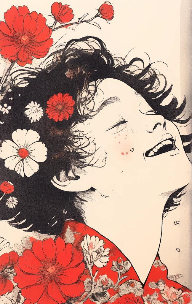 a cartoon drawing of a girl with her hair in her face with flowers behind her, 1girl, solo, smile, closed eyes, short hair, flower, open mouth, red monochrome