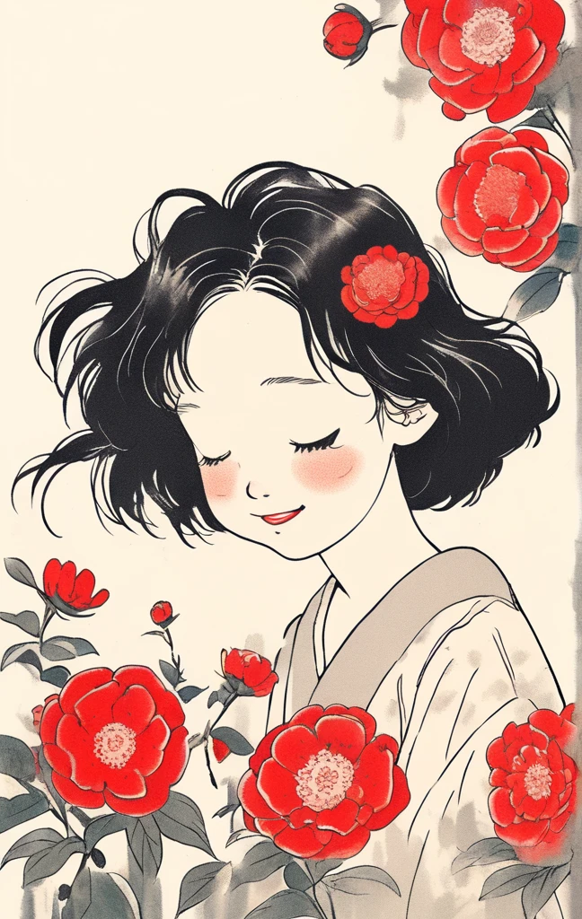 a cartoon drawing of a girl with her hair in her face with flowers behind her, 1girl, solo, smile, closed eyes, short hair, flower, open mouth, red monochrome