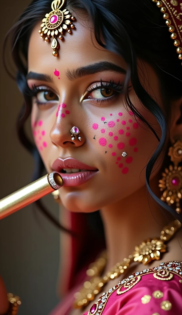 Pink tattoos on face and little pink diamond jewelry tanned skin arab hairs style Indian figure eternal lady face lips bite tease hyperealism photorealistic 7k best background wallpaper makeup model style hairs indian makeup wearing sari holding flute 