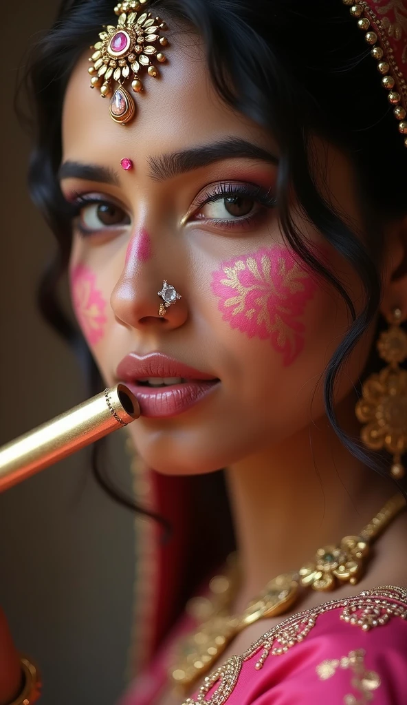 Pink tattoos on face and little pink diamond jewelry tanned skin arab hairs style Indian figure eternal lady face lips bite tease hyperealism photorealistic 7k best background wallpaper makeup model style hairs indian makeup wearing sari holding flute 