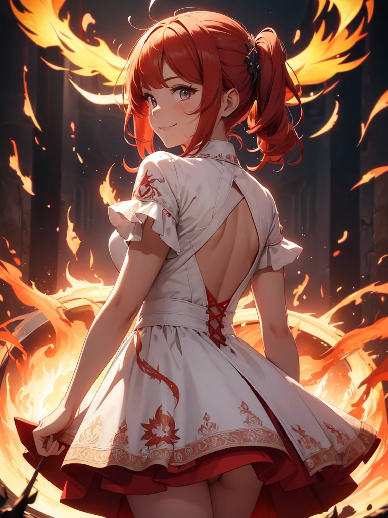 (((best quality, sharp image, clear image, cinematic lighting, 8k resolution, masterpiece, ultra detailed, intricate))) Girl, (((looking over left shoulder))), (shot from behind), ((shot from hip up)), fiery red hair, pigtails, ((white dress)), ((flaming sigils, flaming runes)), spiky rock formations, (flaming lotus flowers frame), (intricate background), ((Phoenix)), (swirling flames), smiling