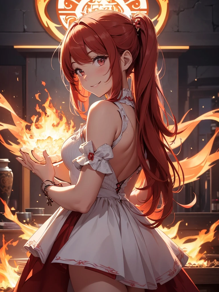 (((best quality, sharp image, clear image, cinematic lighting, 8k resolution, masterpiece, ultra detailed, intricate))) Girl, (((looking over left shoulder))), (shot from behind), ((shot from hip up)), fiery red hair, pigtails, ((white dress)), ((flaming sigils, flaming runes)), spiky rock formations, (flaming lotus flowers frame), (intricate background), ((Phoenix)), (swirling flames), smiling