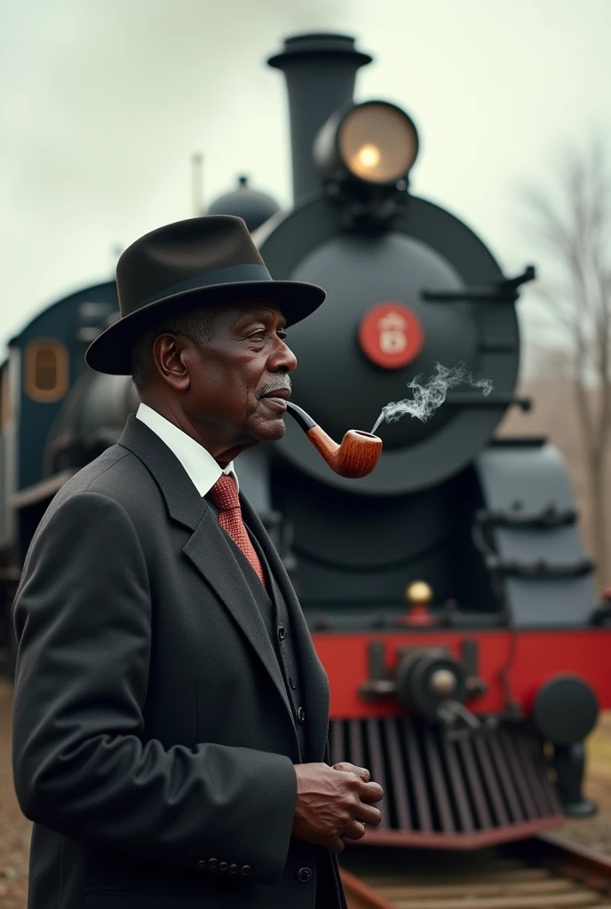 Stopped locomotive running with a gentleman in front with a hat, pipe and in his mouth, a dark-skinned gentleman of 55 years old wearing a suit and tie. 