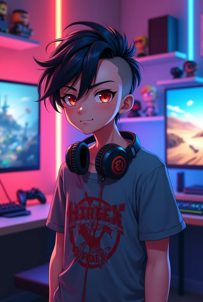 Cute anime boy with a French crop haircut,Red eyes,with a smile and a gamer room background.