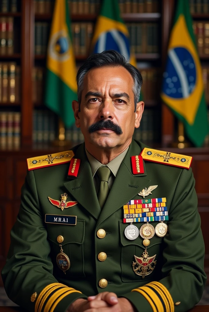 A realistic and detailed portrait of a Colonel with a square face, Roman descent, from the Brazilian Army, approximately 40 years old., with black and gray hair on the sides, and a thin scar on his face like a mark of bravery, he has a mustache. He is wearing a high-ranking olive green uniform of the Brazilian Army officer, adorned with medals and decorations. The background features an office of the Brazilian Army, with books and Brazilian flags, integralists and fascist, He is a realistic coat of arms, which contributes to the atmosphere of authority and respect. The veteran is sitting in a comfortable armchair, exuding wisdom and strength, and looking like a respected and esteemed leader