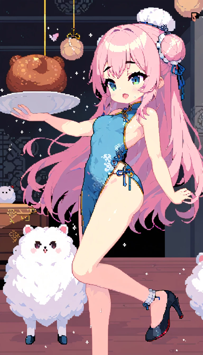 masterpiece, Highest quality, 8k, Pixel art, Pixel art, Vivid, ((1girl)), young woman, ((I'm about to drop the dish., 皿が👍から離れて, The meat bun is floating in the air)), Panic, Sweating, cute, Turning at an angle, Open your mouth, Fluffy hair, Long Hair, Hair like sheep's hair, Pink Hair, eyebrow, 太いeyebrow, China dress, Chignon Cap, High heels, (Highest quality:1.0), (China Hotel)