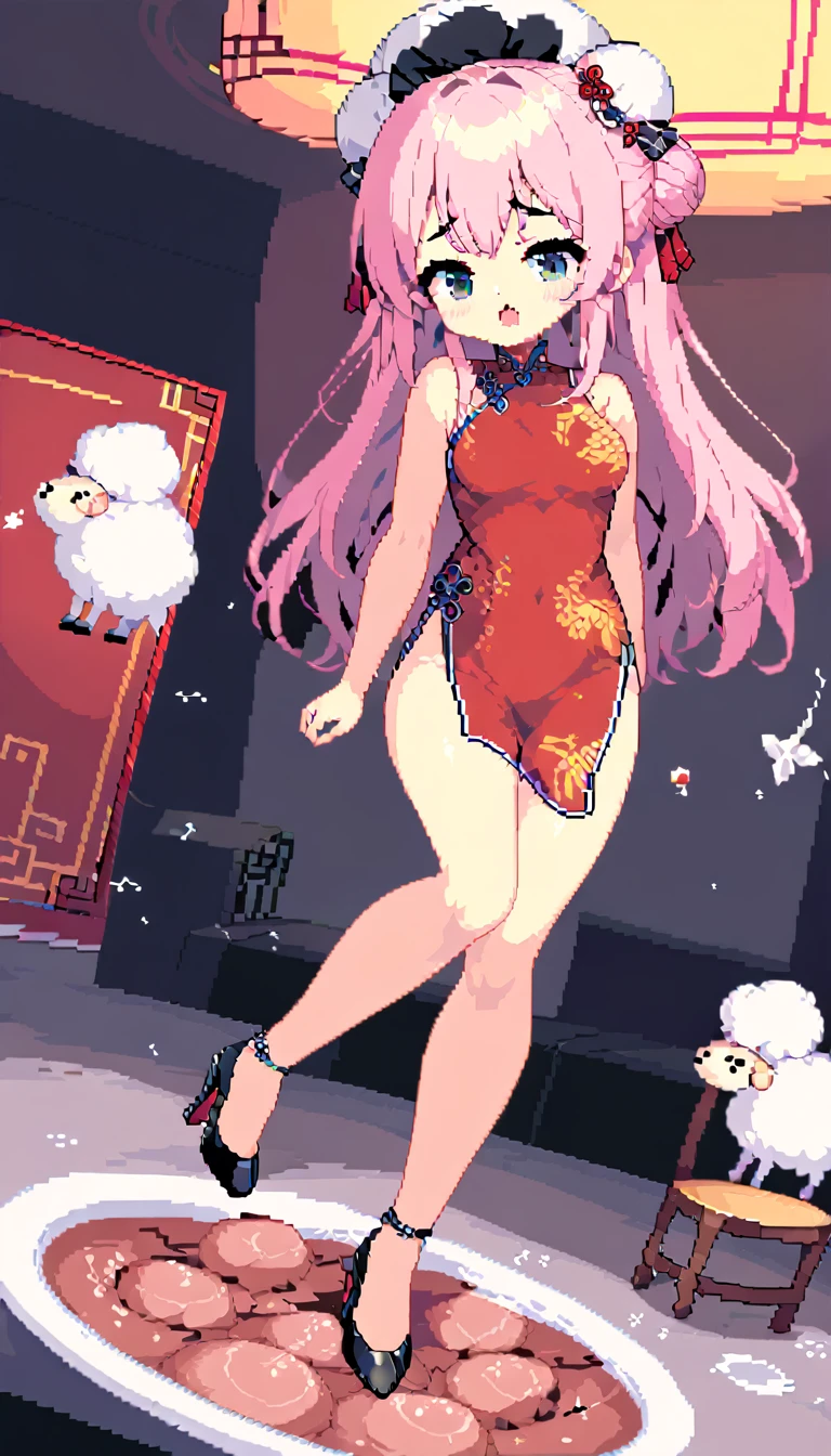 masterpiece, Highest quality, 8k, Pixel art, Pixel art, Vivid, ((1girl)), young woman, ((I'm about to drop the dish., 皿が👍から離れて, The meat bun is floating in the air)), Panic, Sweating, cute, Turning at an angle, Open your mouth, Fluffy hair, Long Hair, Hair like sheep's hair, Pink Hair, eyebrow, 太いeyebrow, China dress, Chignon Cap, High heels, (Highest quality:1.0), (China Hotel)