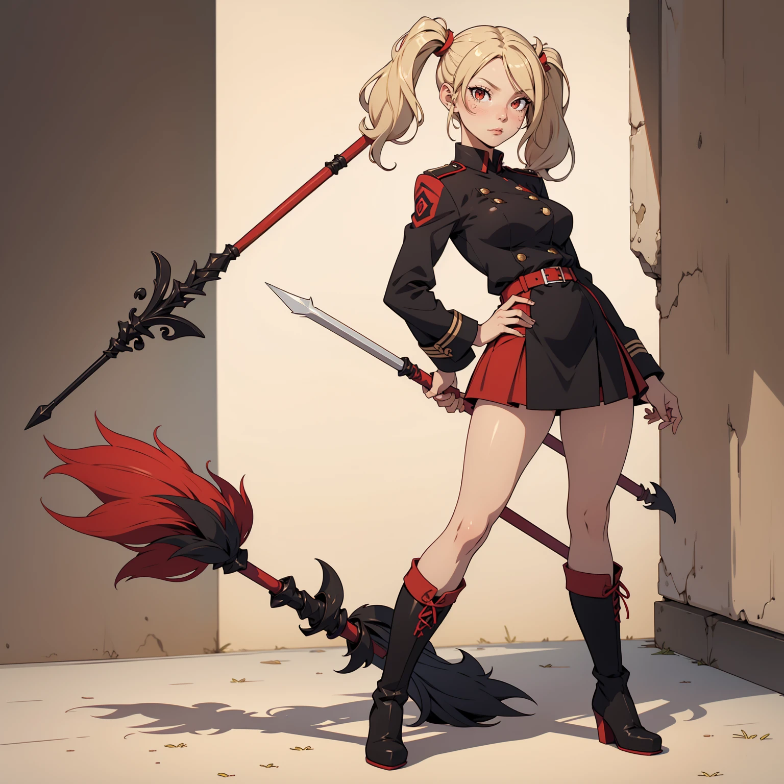 Very detailed, smiling facial expression, cute face, figure, full body view, small breasts, blonde hair with twintails, red eyes, looking at viewer, black uniform, skirt, black boots, holding scythe, sexy pose.