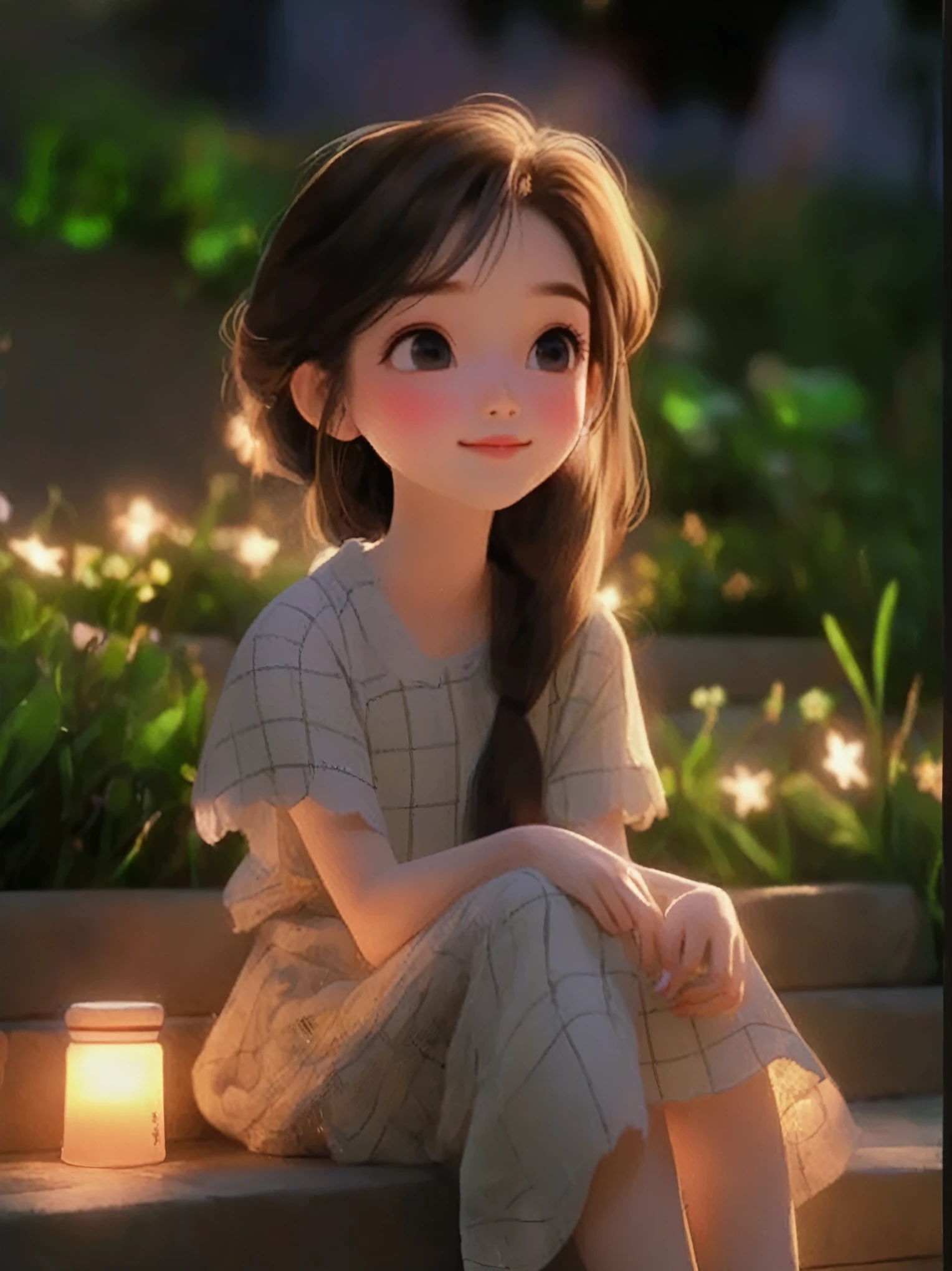 A long-haired girl sitting on a bench,Holding a cup in hand, charming细致的数字艺术, charming的数字艺术, charming卡通 character, charming的肖像, charming卡通, charming的角色, Soft portrait shots 8 k, charming的数字, charming的 3d 渲染, charming, charming的动漫女孩, charming美丽, Beautiful soft lighting, charming, charming的卡哇伊女孩