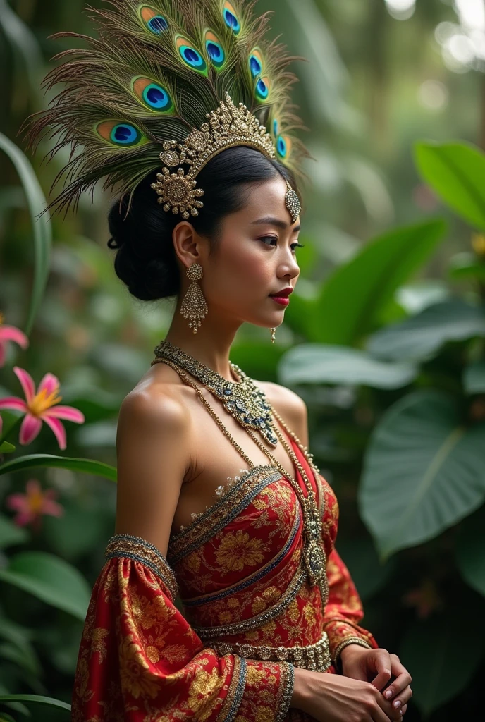 CREATE AN ULTRA-REALISTIC,PHOTOGRAPHIC IMAGE WITH PRECISE SYMMETRY BETWEEN THE LEFT AND RIGTH PARTS,as if taken with a high-end Hasselblad Cameras,and a shimmering effect,the image should depict a figure that combines feature of a young,beautiful indonesian woman whith a gentle smile in a sephia color palette on one side,and an intense,angry evil spirit in a vivid reddish color palette on the others side,both sides should mirror each others exactly resembling a traditional bali mask,include an elaborate hardness with horn and red flowers,and attire with detailing balinese pattren and jewelery,enhance the scene whit thick,dense smoke,dramatic lighting and a simmering effect to intensify the mytical aura,the image should showcase contrasting yet perfectly simmetrical textures and pattren of balinese art with a dramatic and shimmering fair