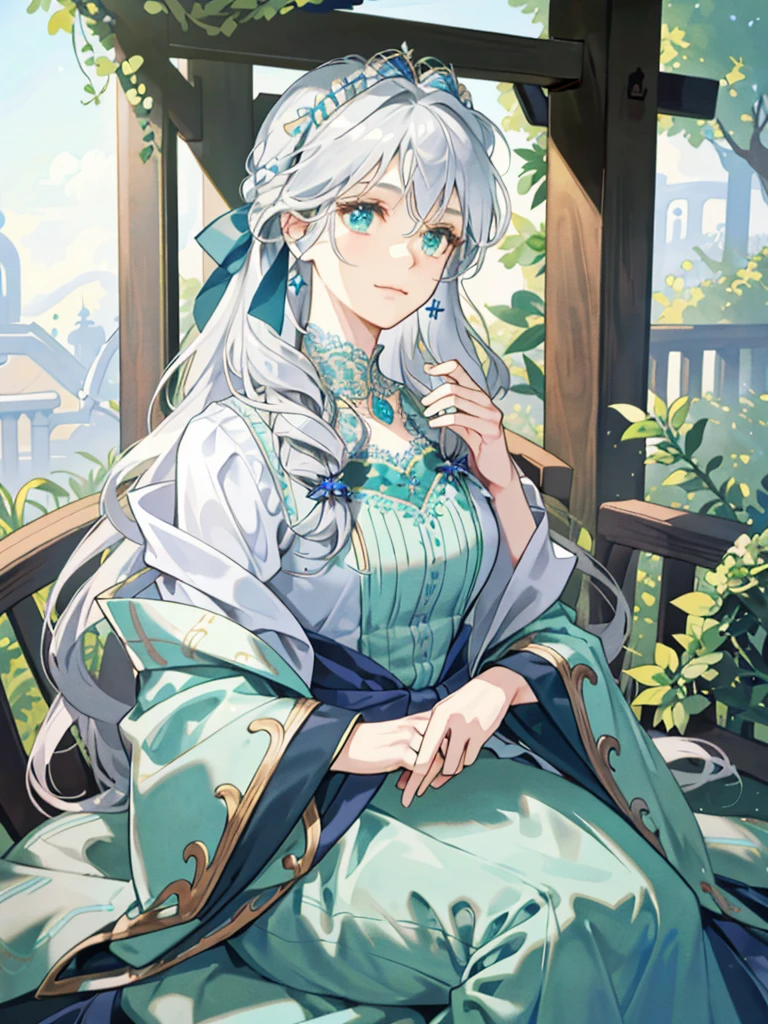 (Very delicate and beautiful:1.2), 8k,(masterpiece:1.0),(Highest_quality:1.0), 1 person, Intricate details, Zoomed in texture, Intricate details, Fine eyes and a fine face, Intricate details, Long white hair,Wavy Hair (Mouth closed), Perfect Eyes, Equal Eyes, Carolina Eyes (Goddess) Classic Green Greek-Roman Dress, Looking at the camera, Lapis Lazuli Eyes